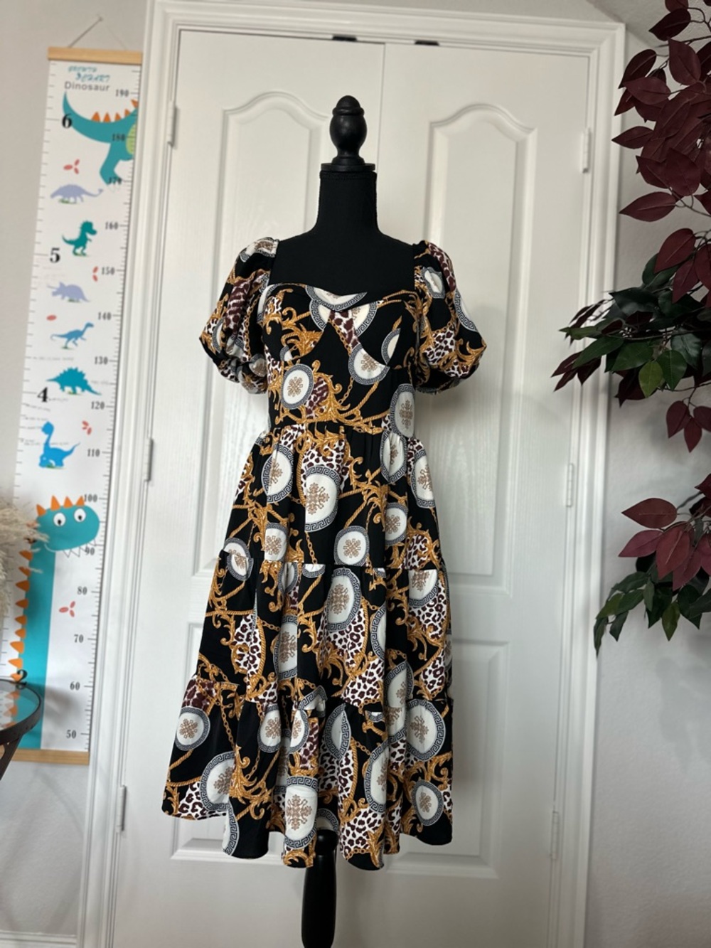Midi Dress Black&Gold Patterned Puff sleeve Size:M,Length:85cm,Smocked Back